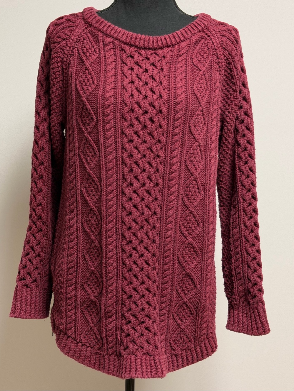 L.L. Bean Signature Fisherman Tunic Sweater Burgundy Cable Knit Cotton Size M